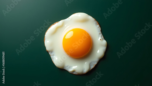 A single fried egg with a bright yellow yolk on a dark green surface in a top down close up view