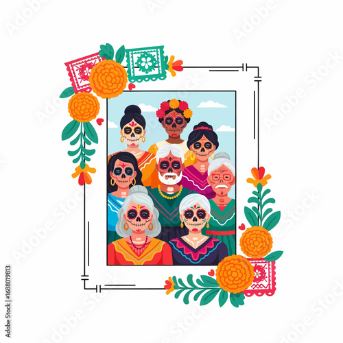 A diverse group of people, young and old, with traditional calavera face paint, framed by marigold flowers and papel picado for Day of the Dead.