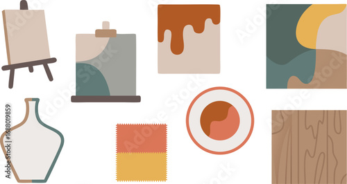 Abstract Art Supplies Easel, Paint, Canvas, Palette, Woodgrain, Vase, and Swatches Composition
