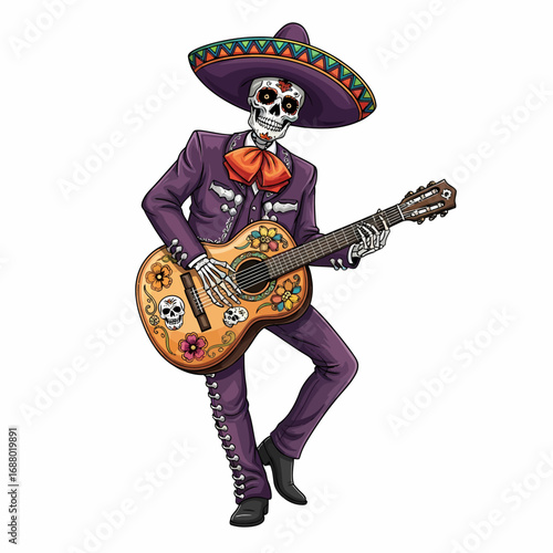 A skeletal mariachi musician in purple suit, playing a decorated guitar, wearing a sombrero.