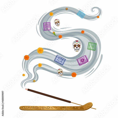 An incense stick burns in a decorative holder, its smoke rising in a stylized S-shape adorned with colorful sugar skulls, marigolds, and papel picado, evokin...
