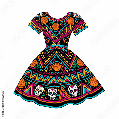A vibrant, intricately patterned dress featuring sugar skulls, stylized flowers, and geometric designs.