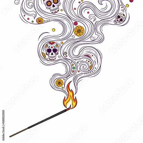 Artistic illustration of burning incense stick with smoke shaped as sugar skulls and floral decorations.