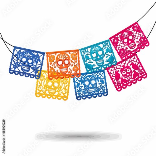 Colorful paper cut-out skull banners strung against a white background, representing a festive celebration.