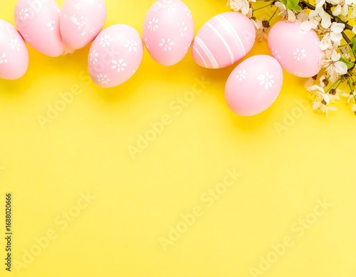 Pastel pink Easter eggs on yellow background