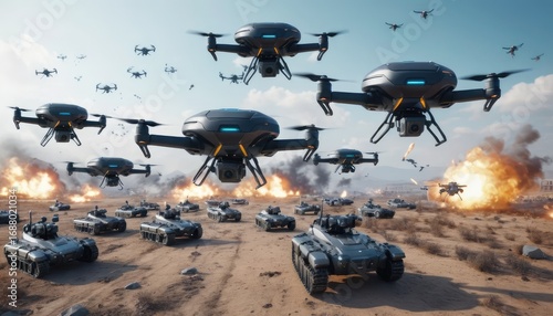 A swarm of autonomous AI drones flying in formation over a battlefield