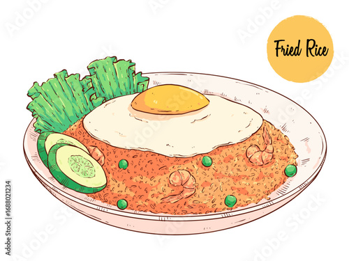 Delicious Indonesian Fried Rice hand drawing on white plate