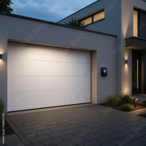 Modern residential garage featuring sleek automated sectional door with smart home technology