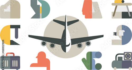 Airplane Illustration with Various Tool Icons and Shapes in Flat Design Style