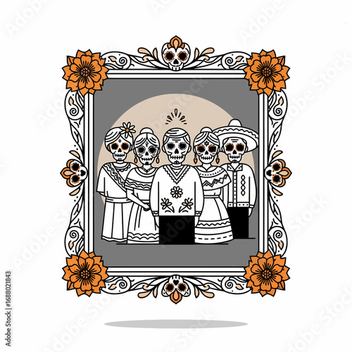 Ornate frame encloses a family portrait of Calaveras celebrating Dia de los Muertos.