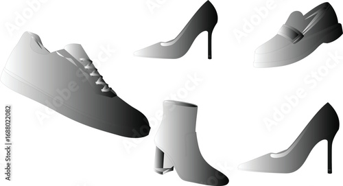 Art & IllustrationI see you’ve uploaded an image of **shoe silhouettes with gradient shading**. 👠👟👢

The illustration includes five different footwear styles:

* A **sneaker** (casual sports shoe)
