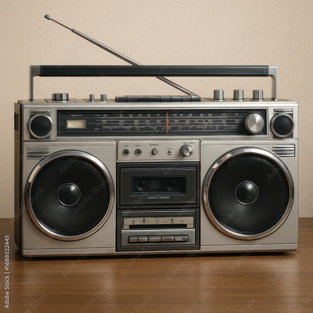 Fototapeta premium Retro 1980s boombox stereo system with authentic vintage cassette player design