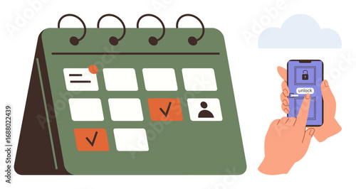 Desk calendar with marked dates next to a smartphone unlocking via a touch screen. Ideal for time management, secure access, productivity, organization, planning, task scheduling, simple flat