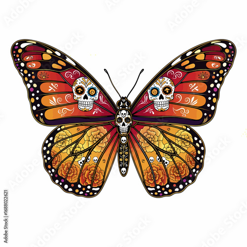 A vibrant monarch butterfly adorned with intricate sugar skull designs and floral patterns, showcasing a striking blend of nature and Dia de los Muertos artistry.