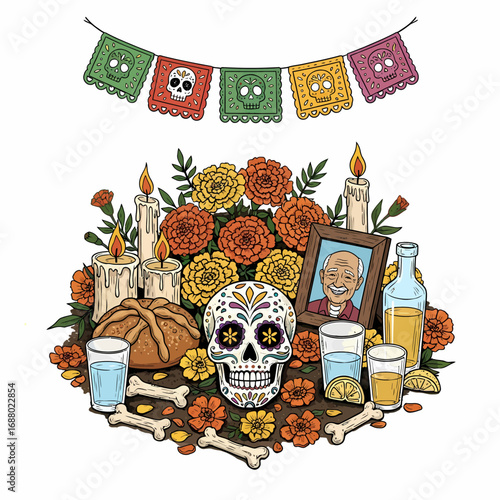 A vibrant Day of the Dead ofrenda featuring a decorated sugar skull, marigold flowers, lit candles, pan de muerto, drinks, and a framed portrait, all beneath...