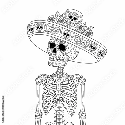 A detailed illustration of a skeleton adorned with a decorative sombrero, featuring skull imagery.