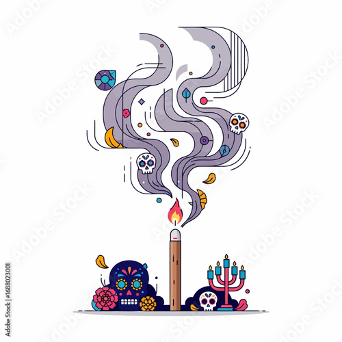 Stylized illustration of a candle burning with smoke, skulls, and decorative elements.