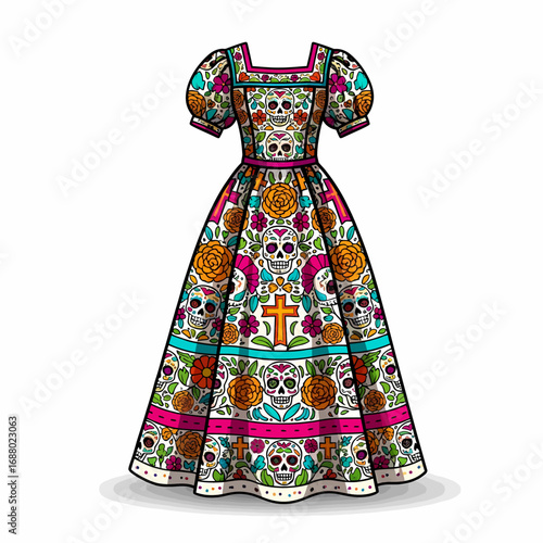 Ornate dress with skull, flower, and cross patterns, inspired by the Day of the Dead, on a white background.