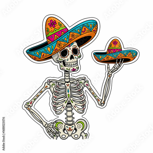 A skeleton wearing a colorful sombrero holds a smaller sombrero, decorated with flowers and geometric patterns, against a white background.