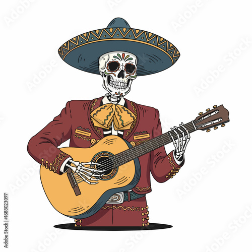 Illustration of a skeleton wearing a sombrero and mariachi suit, playing an acoustic guitar.