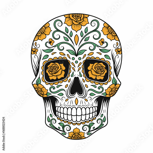 Ornate sugar skull adorned with yellow roses and green foliage, a vibrant Day of the Dead design.