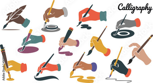 Artistic Hands Illustration of Calligraphy and Painting with Various Hands, Pens, and Brushes