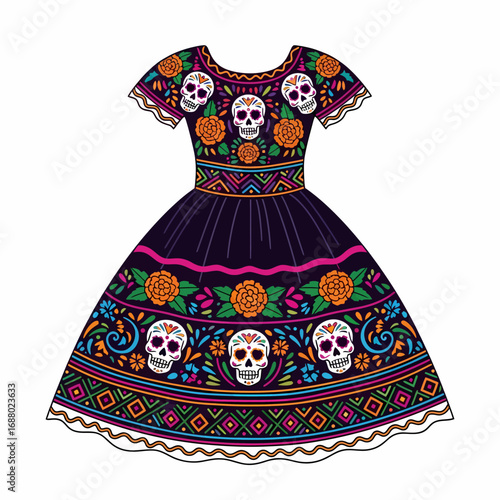 A vibrant Day of the Dead dress, adorned with sugar skulls and floral patterns.