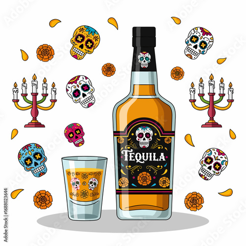 A festive Dia de los Muertos illustration featuring a tequila bottle, a shot glass, colorful sugar skulls, marigolds, and candelabras.