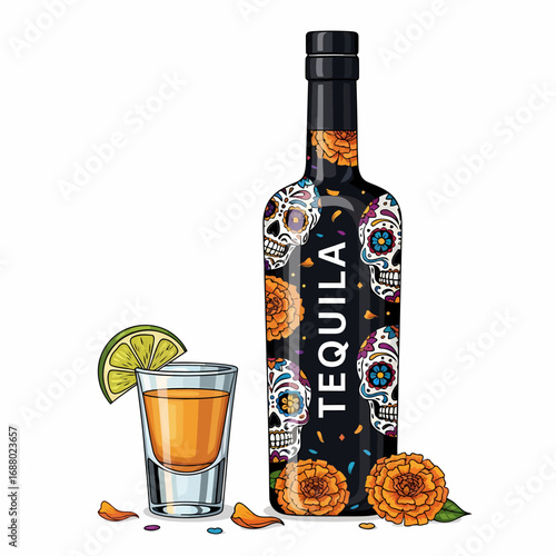An illustrated bottle of tequila and a shot glass with lime, decorated with Mexican Day of the Dead sugar skulls and marigolds.