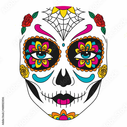 Colorful traditional Dia de los Muertos sugar skull face with elaborate floral and spiderweb details.