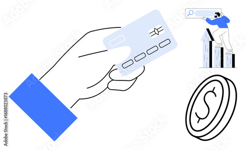 Hand grasping credit card, large coin with dollar sign, and man on bar chart searching with magnifier. Ideal for finance, banking, e-commerce, business growth, wealth management, analytics simple