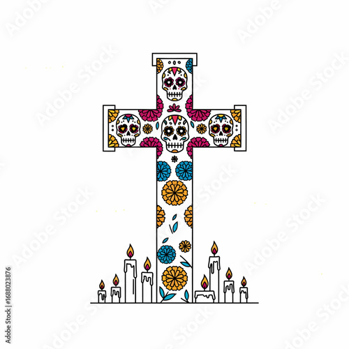 Colorful bouquet of marigold flowers, decorated with Day of the Dead skulls and papel picado, festive and symbolic.