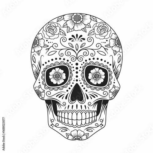 Colorful bouquet of marigold flowers, decorated with Day of the Dead skulls and papel picado, festive and symbolic.