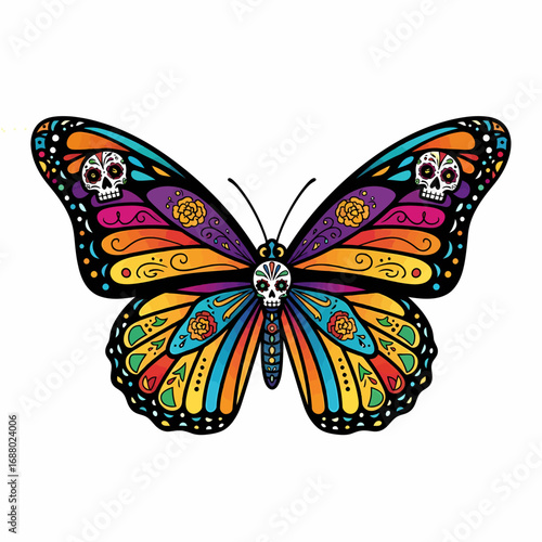 Colorful bouquet of marigold flowers, decorated with Day of the Dead skulls and papel picado, festive and symbolic.