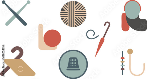 Artistic Sewing Tools Knitting Needles, Yarn, Crochet Hook, Thimble, and Embellishments Illustration on White