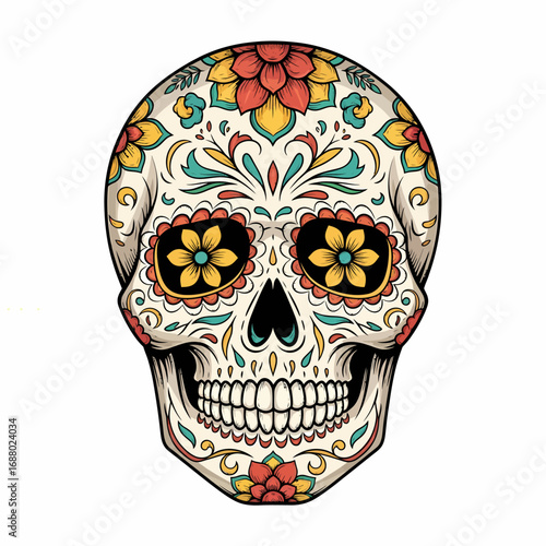 Colorful bouquet of marigold flowers, decorated with Day of the Dead skulls and papel picado, festive and symbolic.