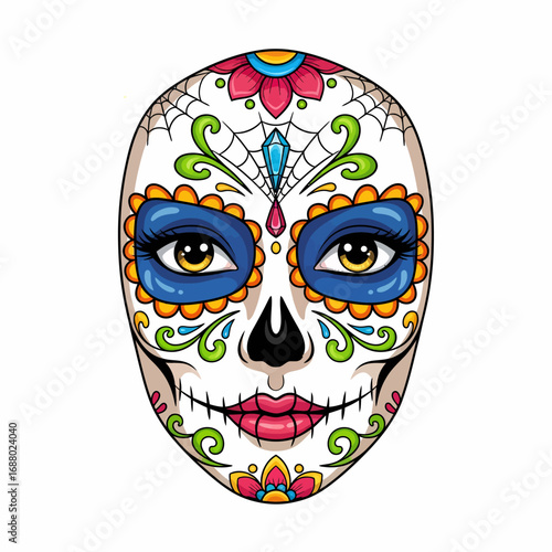 Colorful bouquet of marigold flowers, decorated with Day of the Dead skulls and papel picado, festive and symbolic.