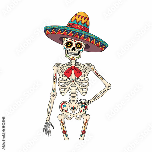 Colorful bouquet of marigold flowers, decorated with Day of the Dead skulls and papel picado, festive and symbolic.