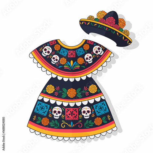 Colorful bouquet of marigold flowers, decorated with Day of the Dead skulls and papel picado, festive and symbolic.