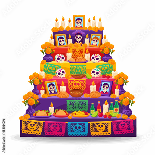 Colorful bouquet of marigold flowers, decorated with Day of the Dead skulls and papel picado, festive and symbolic.