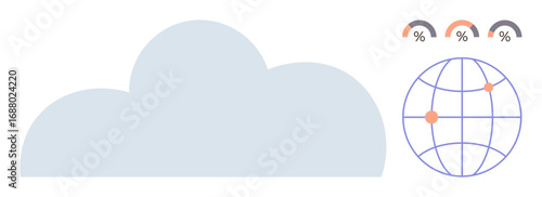 Large cloud with global map and data metrics graphs. Ideal for technology, cloud computing, big data, global network, analytics, digital transformation, abstract technology, simple flat metaphor