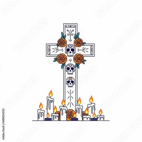 Colorful bouquet of marigold flowers, decorated with Day of the Dead skulls and papel picado, festive and symbolic.