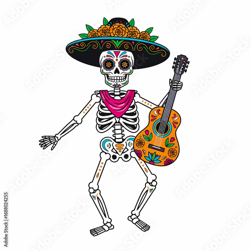 Colorful bouquet of marigold flowers, decorated with Day of the Dead skulls and papel picado, festive and symbolic.