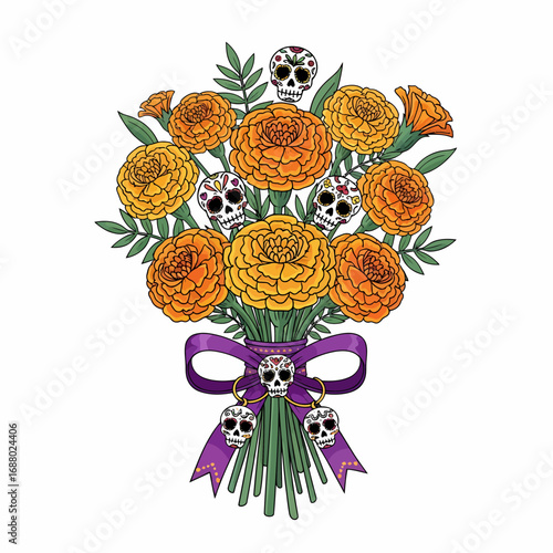Colorful bouquet of marigold flowers, decorated with Day of the Dead skulls and papel picado, festive and symbolic.