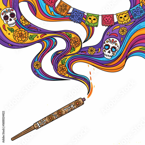 An illustration depicting a paint tube releasing colorful swirls of Day of the Dead imagery, including skulls, flowers, and papel picado banners.