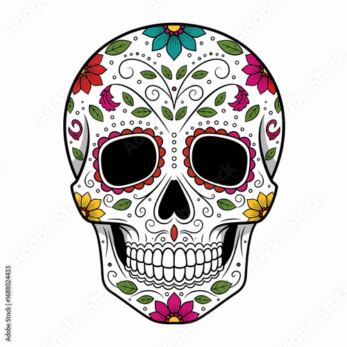 Colorful bouquet of marigold flowers, decorated with Day of the Dead skulls and papel picado, festive and symbolic.