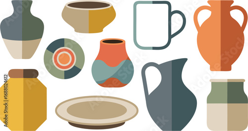 Assorted Ceramic Vases, Pitchers, Mugs, and Dishes in Neutral Colors Illustration