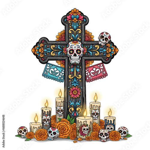 Colorful bouquet of marigold flowers, decorated with Day of the Dead skulls and papel picado, festive and symbolic.