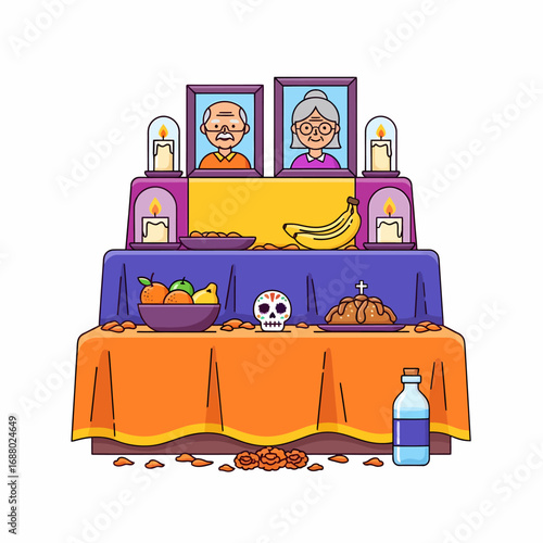 Colorful bouquet of marigold flowers, decorated with Day of the Dead skulls and papel picado, festive and symbolic.
