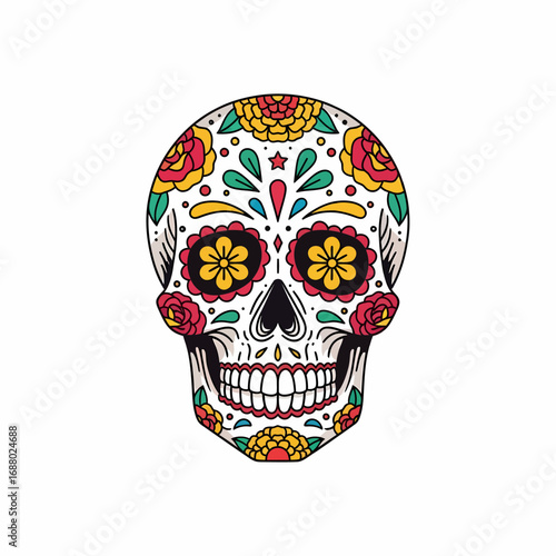 Colorful bouquet of marigold flowers, decorated with Day of the Dead skulls and papel picado, festive and symbolic.